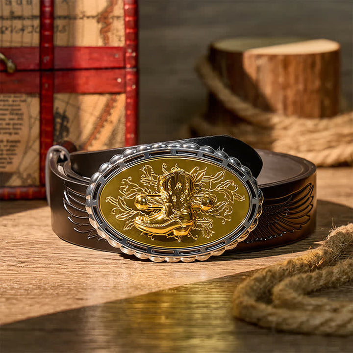 Gold Plated Cowboy Western Boot & Spur DIY Buckle Leather Belt - Gold - Black Embossed Eagle Belt - 42 - image 2