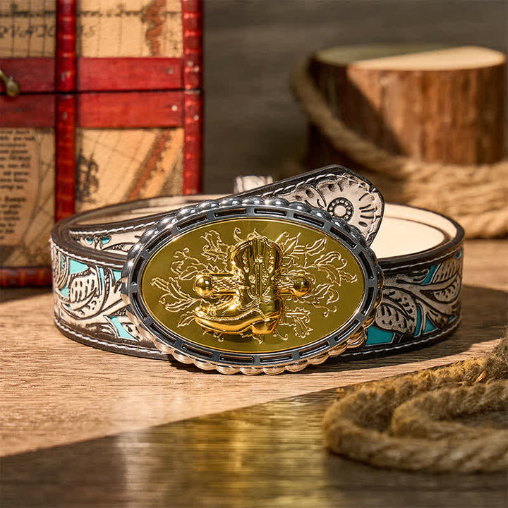 Gold Plated Cowboy Western Boot & Spur DIY Buckle Leather Belt - Gold - Gray Floral Belt - 42 - image 8