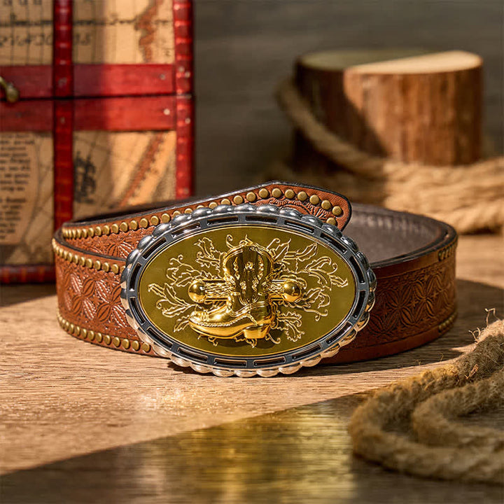 Gold Plated Cowboy Western Boot & Spur DIY Buckle Leather Belt - Gold - Brown Rivet Belt - 42 - image 4