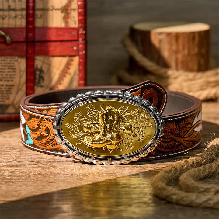 Gold Plated Cowboy Western Boot & Spur DIY Buckle Leather Belt - Gold - Brown Feather Belt - 40 - image 7