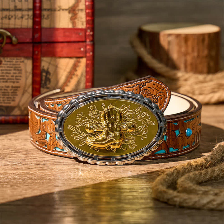 Gold Plated Cowboy Western Boot & Spur DIY Buckle Leather Belt - Gold - Turquoise Carved Belt - 42 - image 3