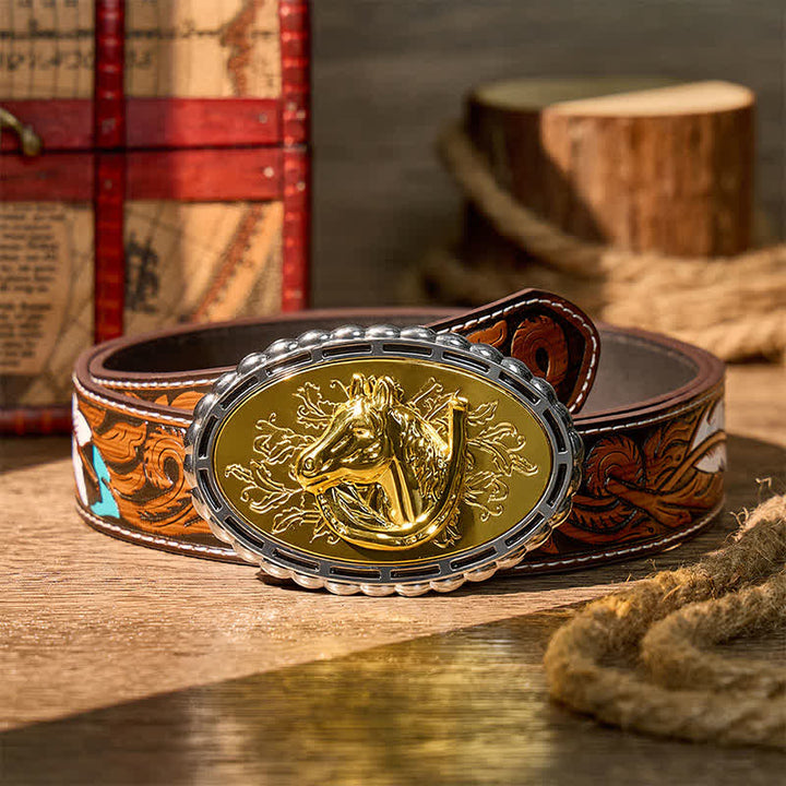Lucky Horseshoe & Horse Head DIY Gold Buckle Leather Belt - Gold - Brown Feather Belt - 40 - image 7
