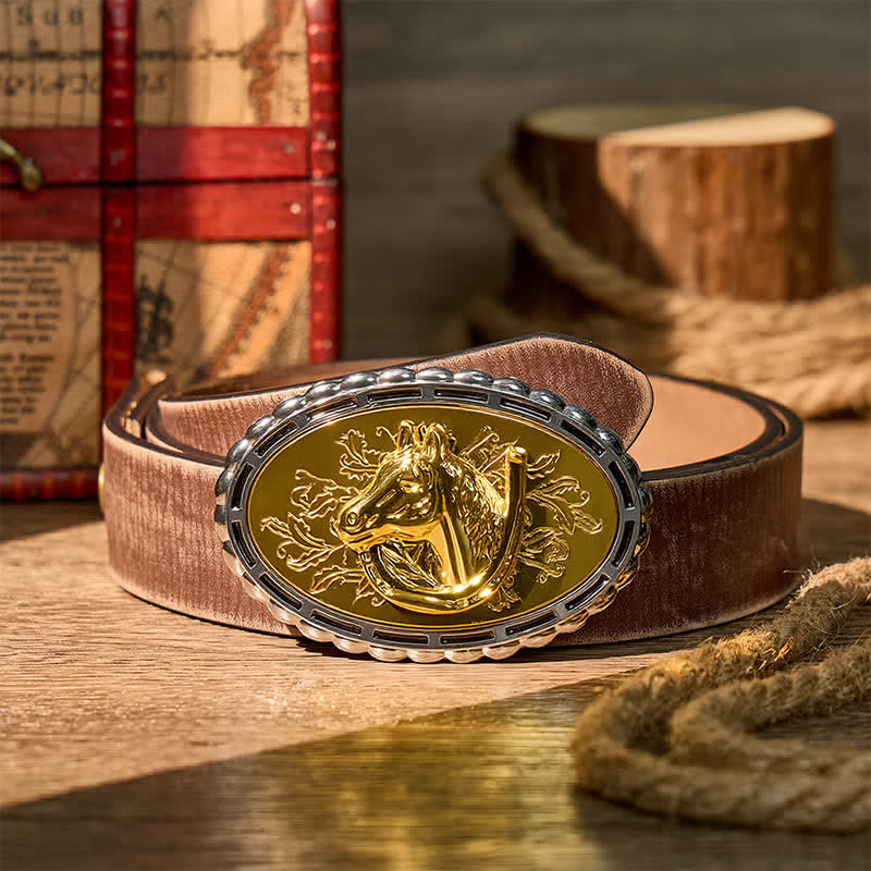 Lucky Horseshoe & Horse Head DIY Gold Buckle Leather Belt - Gold - Brown Distressed Belt - 42 - image 5