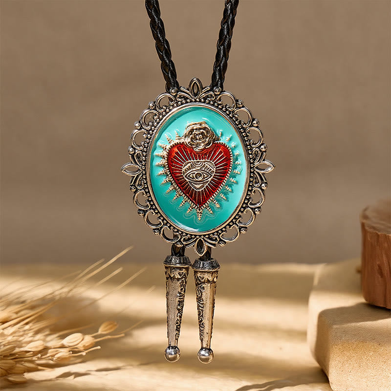 Boho Western Teal Enamel Sacred Heart Bolo Tie - image 2