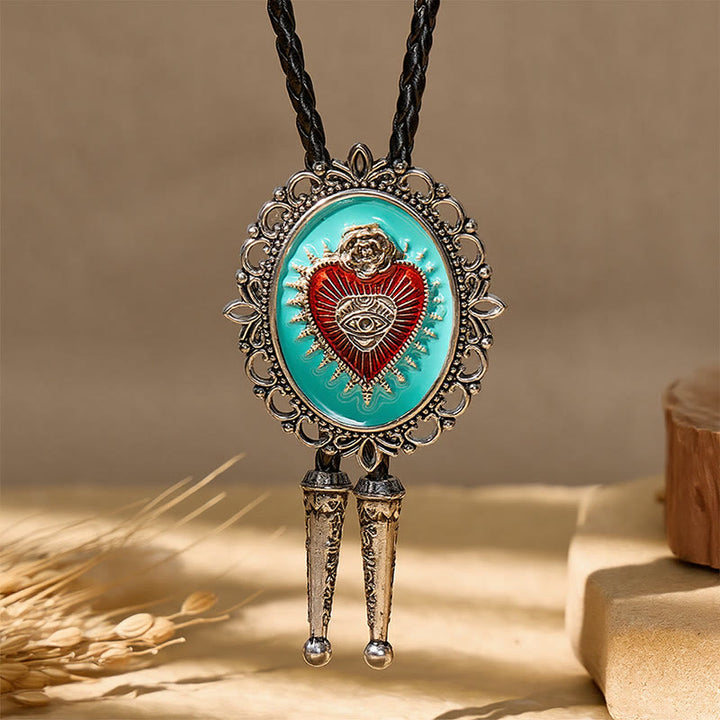 Boho Western Teal Enamel Sacred Heart Bolo Tie - image 2