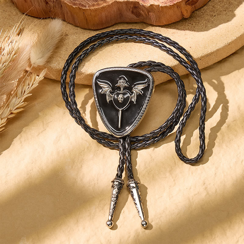Gothic Western Winged Skull Red Enamel Bolo Tie - image 3
