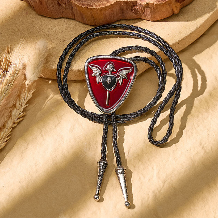 Gothic Western Winged Skull Red Enamel Bolo Tie - image 2