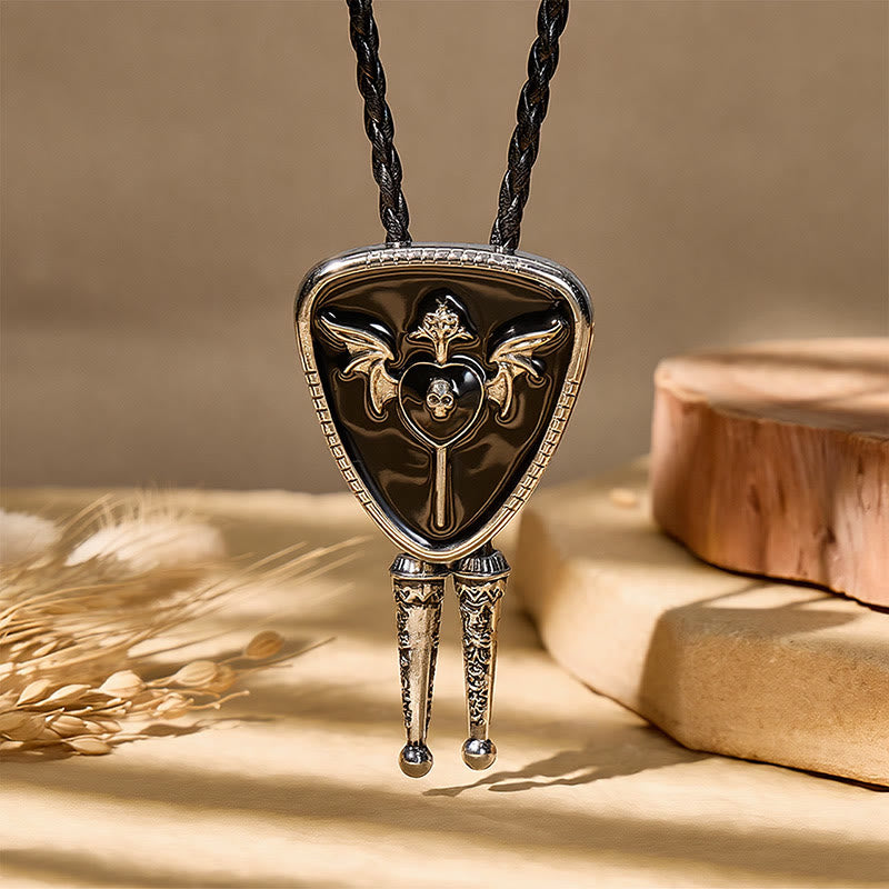 Gothic Western Winged Skull Red Enamel Bolo Tie - image 5