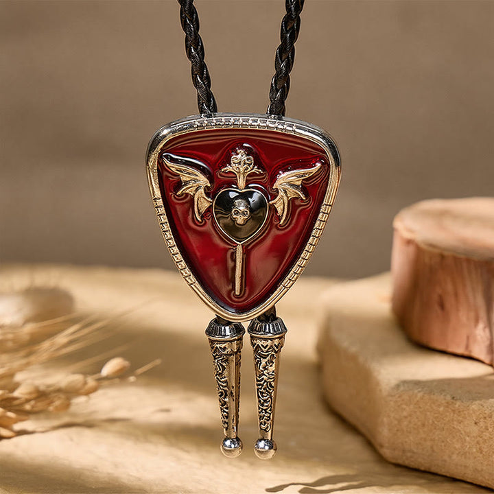 Gothic Western Winged Skull Red Enamel Bolo Tie - image 3