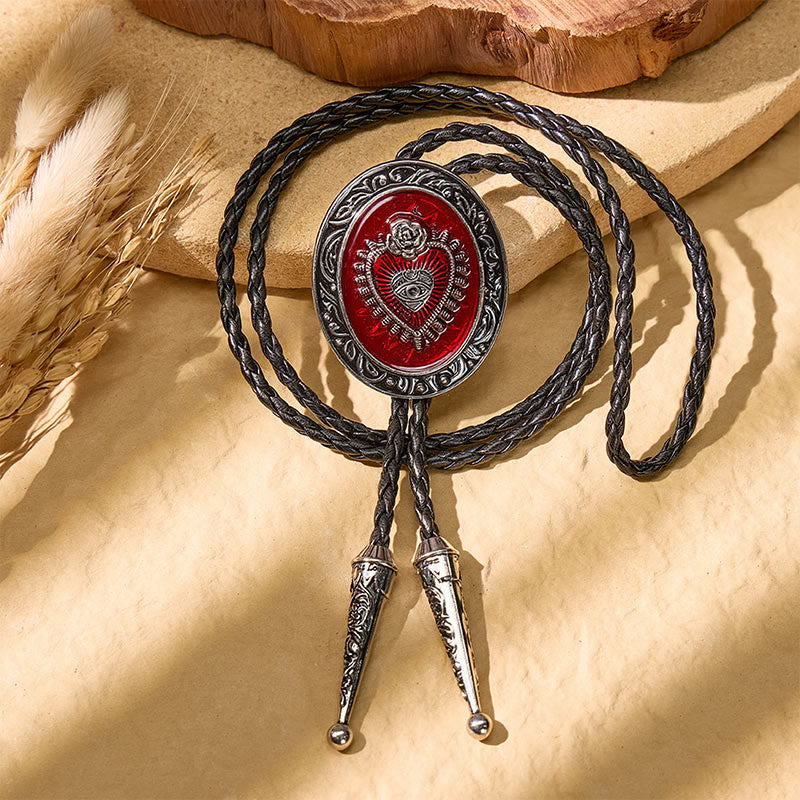 Round Red Enamel Sacred Heart Bolo Tie Vintage - image 3