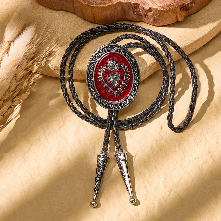Round Red Enamel Sacred Heart Bolo Tie Vintage - image 3