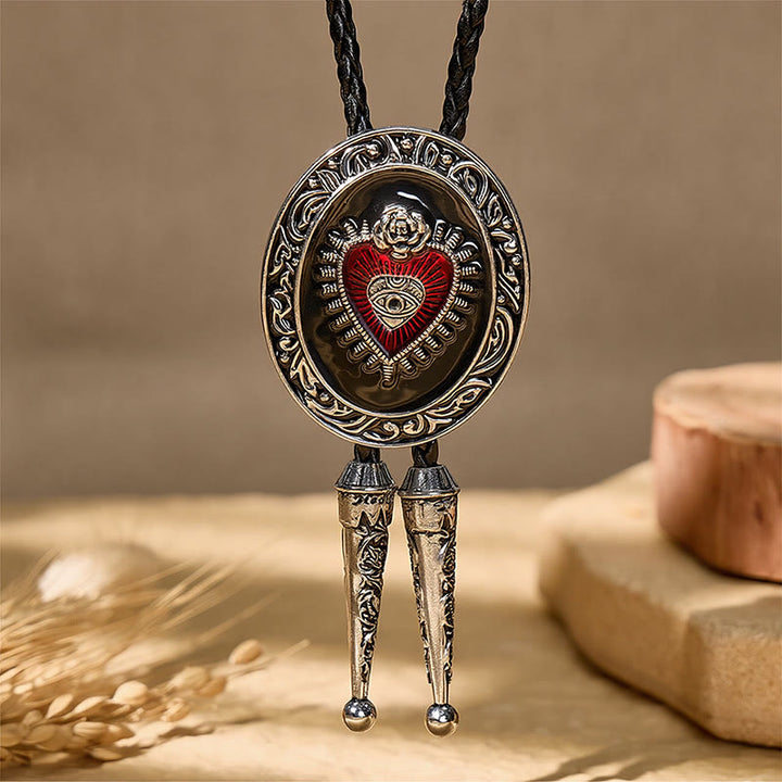 Round Red Enamel Sacred Heart Bolo Tie Vintage - image 4