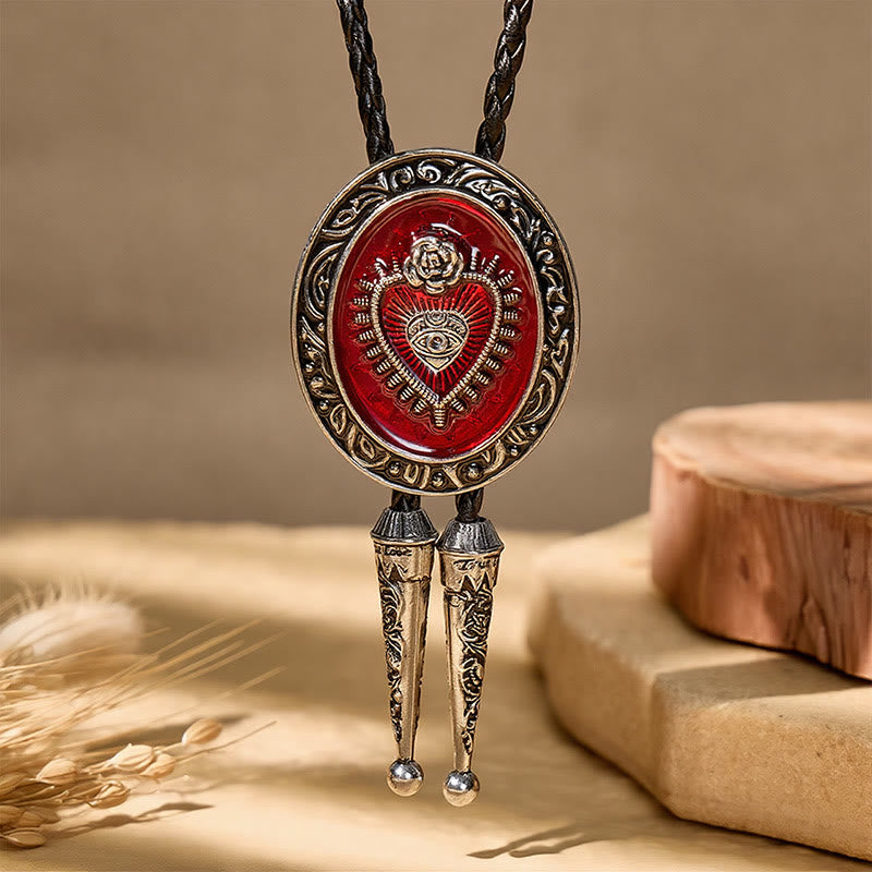 Round Red Enamel Sacred Heart Bolo Tie Vintage - image 5