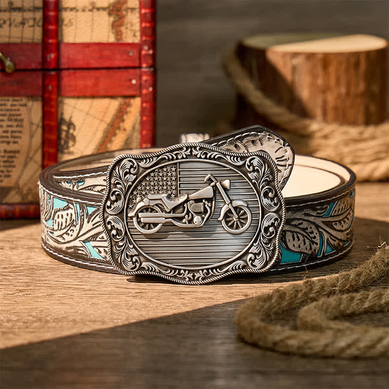 American Flag Motorcycle DIY Patriotic Biker Buckle Leather Belt - Silver - Gray Floral Belt - 42 - image 8