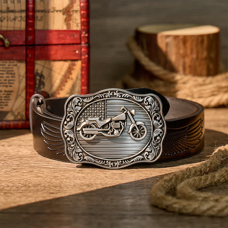 American Flag Motorcycle DIY Patriotic Biker Buckle Leather Belt - Silver - Black Embossed Eagle Belt - 42 - image 2