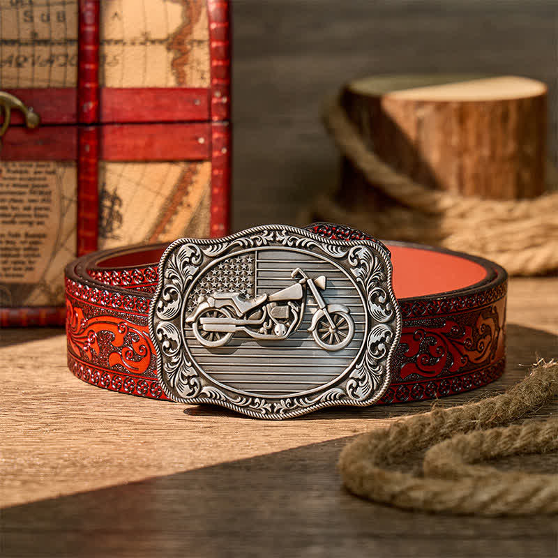 American Flag Motorcycle DIY Patriotic Biker Buckle Leather Belt - Silver - Brown Carved Belt - 42 - image 6