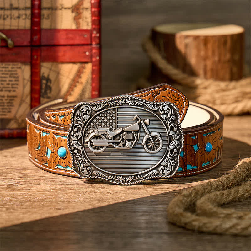 American Flag Motorcycle DIY Patriotic Biker Buckle Leather Belt - Silver - Turquoise Carved Belt - 42 - image 3