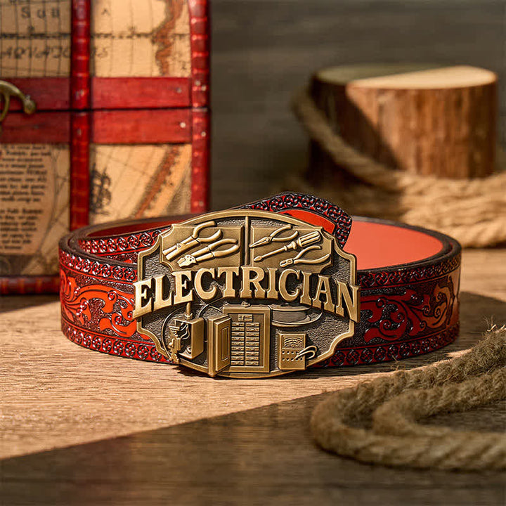 Electrician Tools Panel Pattern DIY Buckle Leather Belt - Bronze - Brown Carved Belt - 42 - image 6