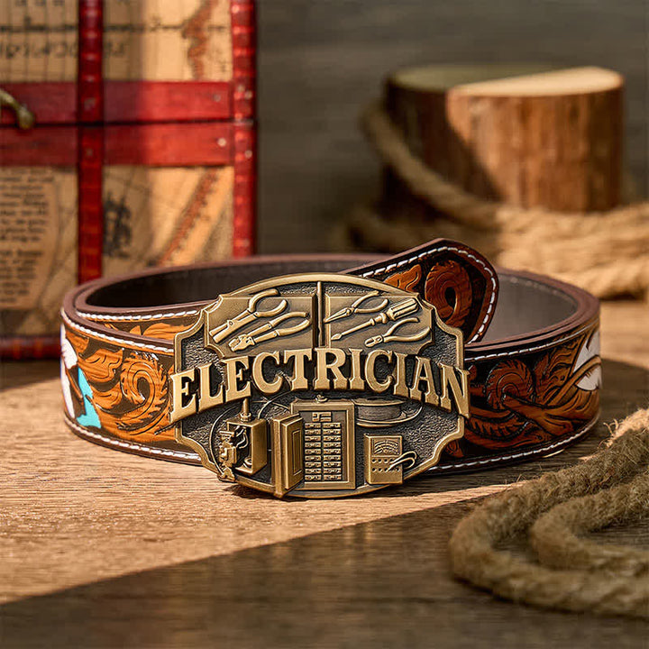 Electrician Tools Panel Pattern DIY Buckle Leather Belt - Bronze - Brown Feather Belt - 40 - image 7