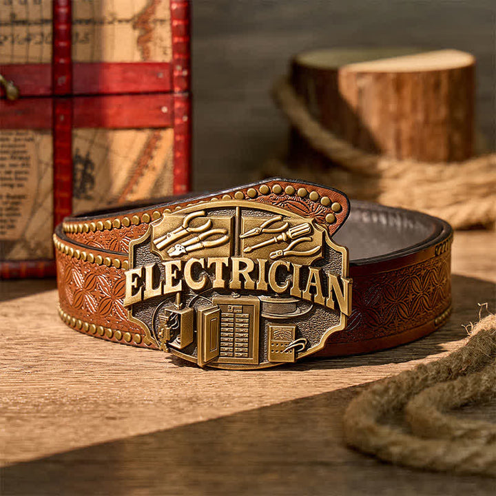 Electrician Tools Panel Pattern DIY Buckle Leather Belt - Bronze - Brown Rivet Belt - 42 - image 4