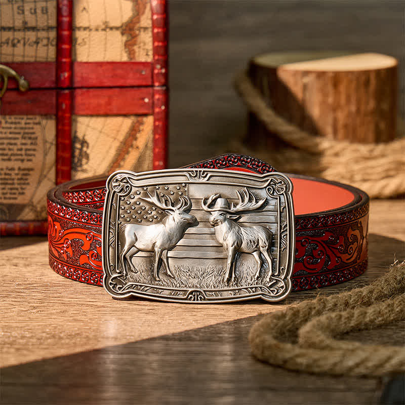 Patriotic Wildlife Two Elks Duel Western DIY Buckle Leather Belt - Silver - Brown Carved Belt - 42 - image 6
