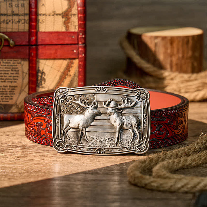 Patriotic Wildlife Two Elks Duel Western DIY Buckle Leather Belt - Silver - Brown Carved Belt - 42 - image 6
