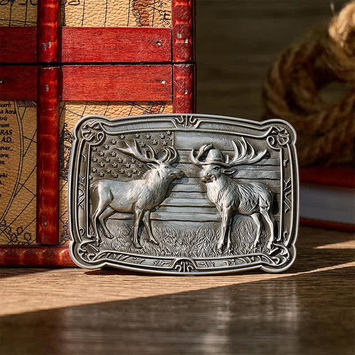 Patriotic Wildlife Two Elks Duel Western DIY Buckle Leather Belt - Silver - Without Belt - Not Included Belt - image 0
