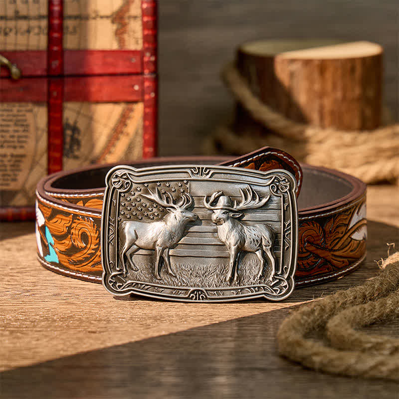 Patriotic Wildlife Two Elks Duel Western DIY Buckle Leather Belt - Silver - Brown Feather Belt - 40 - image 7