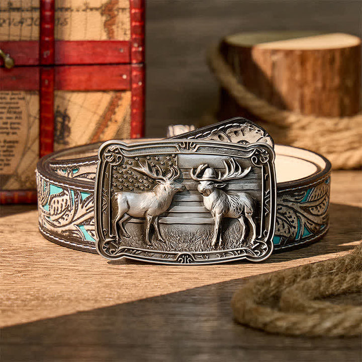 Patriotic Wildlife Two Elks Duel Western DIY Buckle Leather Belt - Silver - Gray Floral Belt - 42 - image 8