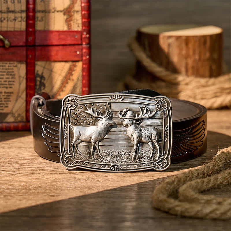 Patriotic Wildlife Two Elks Duel Western DIY Buckle Leather Belt - Silver - Black Embossed Eagle Belt - 42 - image 2