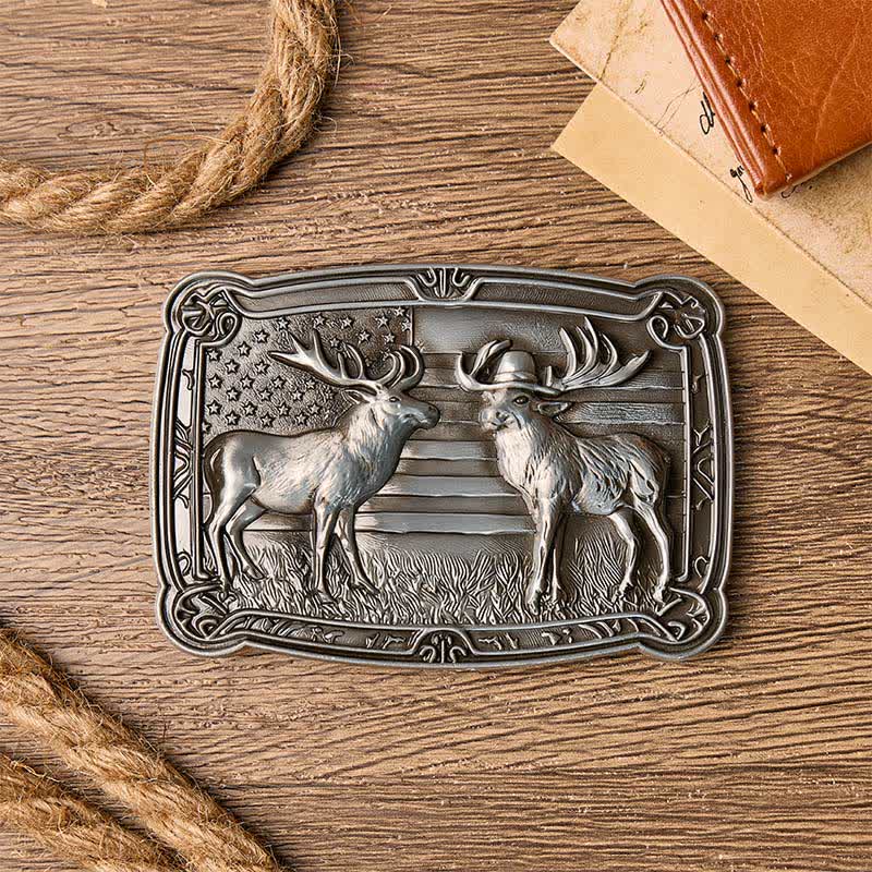Patriotic Wildlife Two Elks Duel Western DIY Buckle Leather Belt - image 1