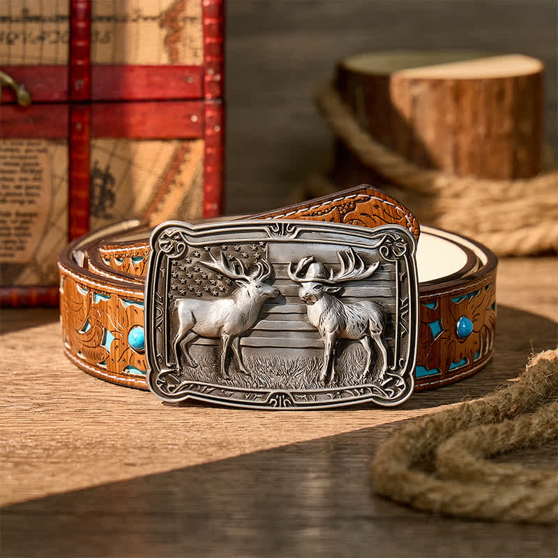 Patriotic Wildlife Two Elks Duel Western DIY Buckle Leather Belt - Silver - Turquoise Carved Belt - 42 - image 3
