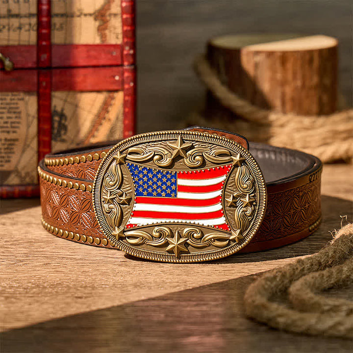 Patriotic Enameled American Flag DIY Buckle Leather Belt - Bronze - Brown Rivet Belt - 42 - image 4