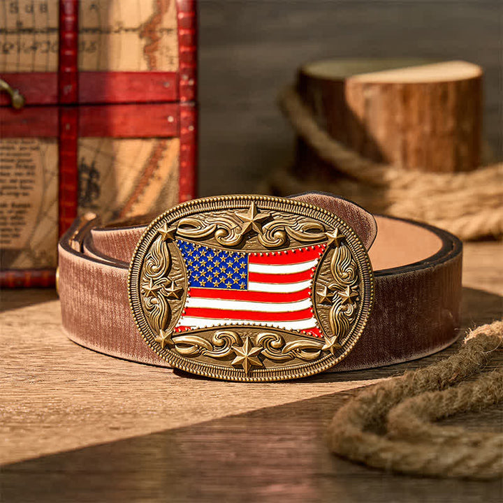 Patriotic Enameled American Flag DIY Buckle Leather Belt - Bronze - Brown Distressed Belt - 42 - image 5