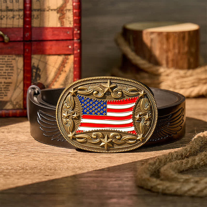Patriotic Enameled American Flag DIY Buckle Leather Belt - Bronze - Black Embossed Eagle Belt - 42 - image 2