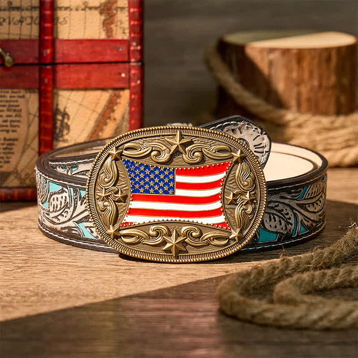 Patriotic Enameled American Flag DIY Buckle Leather Belt - Bronze - Gray Floral Belt - 42 - image 8