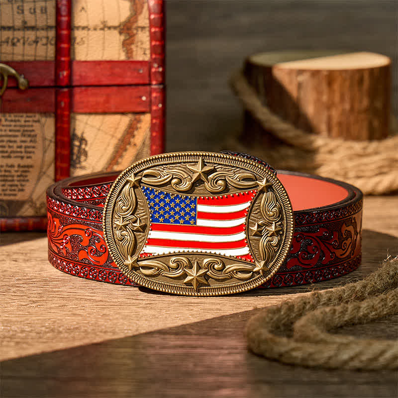 Patriotic Enameled American Flag DIY Buckle Leather Belt - Bronze - Brown Carved Belt - 42 - image 6
