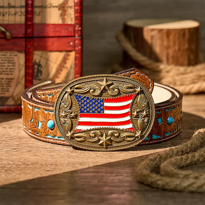 Patriotic Enameled American Flag DIY Buckle Leather Belt - Bronze - Turquoise Carved Belt - 42 - image 3