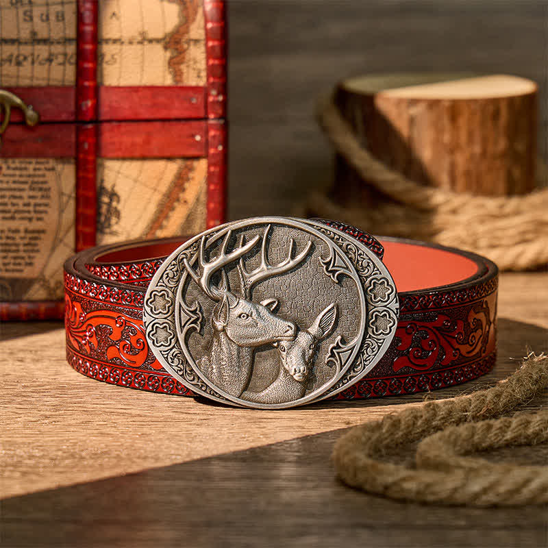 Majestic Love Stag And Doe DIY Buckle Leather Belt - Silver - Brown Carved Belt - 42 - image 6