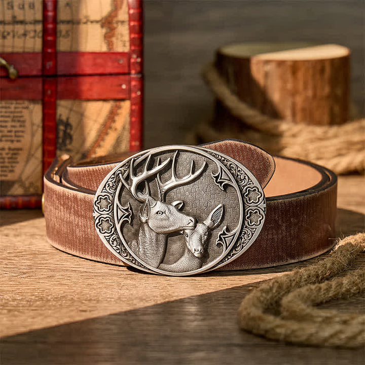 Majestic Love Stag And Doe DIY Buckle Leather Belt - Silver - Brown Distressed Belt - 42 - image 5