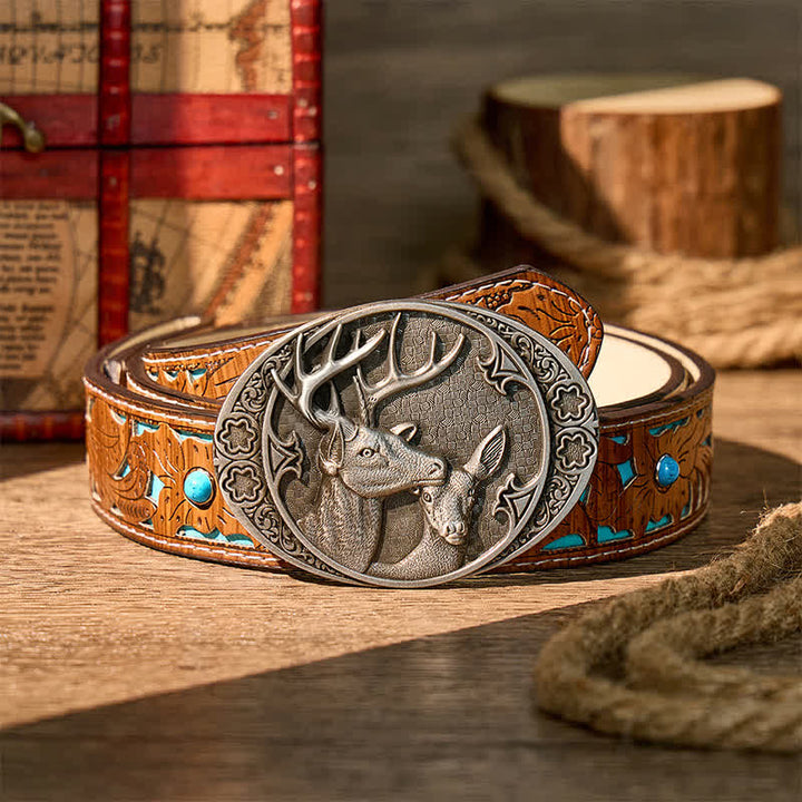 Majestic Love Stag And Doe DIY Buckle Leather Belt - Silver - Turquoise Carved Belt - 42 - image 3