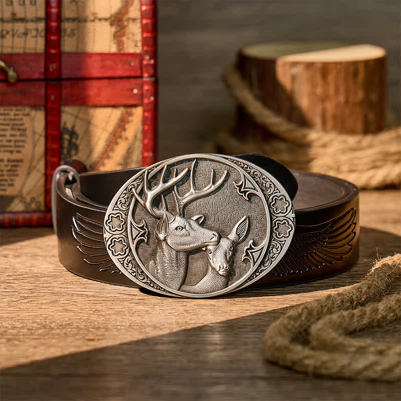 Majestic Love Stag And Doe DIY Buckle Leather Belt - Silver - Black Embossed Eagle Belt - 42 - image 2