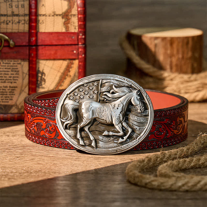 Freedom Gallop Patriotic American Flag DIY Buckle Leather Belt - Silver - Brown Carved Belt - 42 - image 6