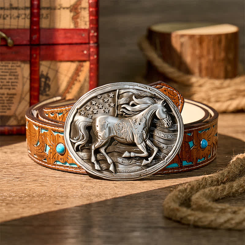 Freedom Gallop Patriotic American Flag DIY Buckle Leather Belt - Silver - Turquoise Carved Belt - 42 - image 3
