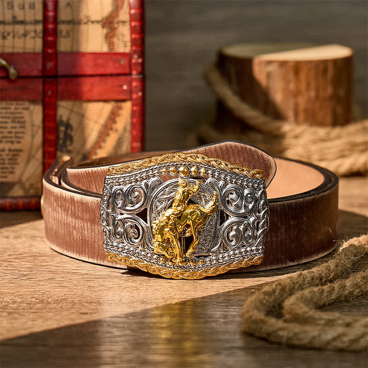 Two-Tone Western Bronco Rider & Wild Horse DIY Buckle Leather Belt - Bronco Rider - Brown Distressed Belt - 42 - image 14