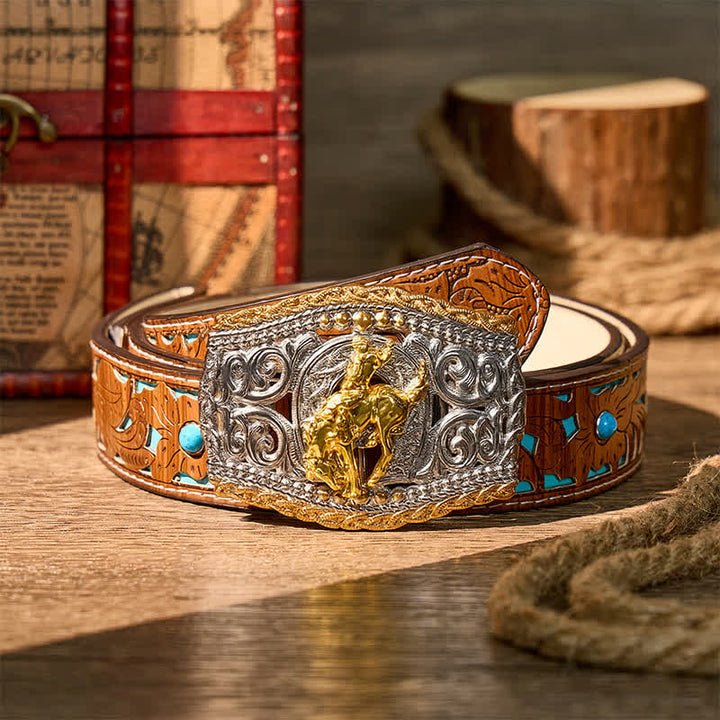 Two-Tone Western Bronco Rider & Wild Horse DIY Buckle Leather Belt - Bronco Rider - Turquoise Carved Belt - 42 - image 12