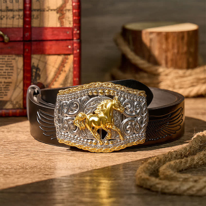 Two-Tone Western Bronco Rider & Wild Horse DIY Buckle Leather Belt - Wild Horse - Black Embossed Eagle Belt - 42 - image 2