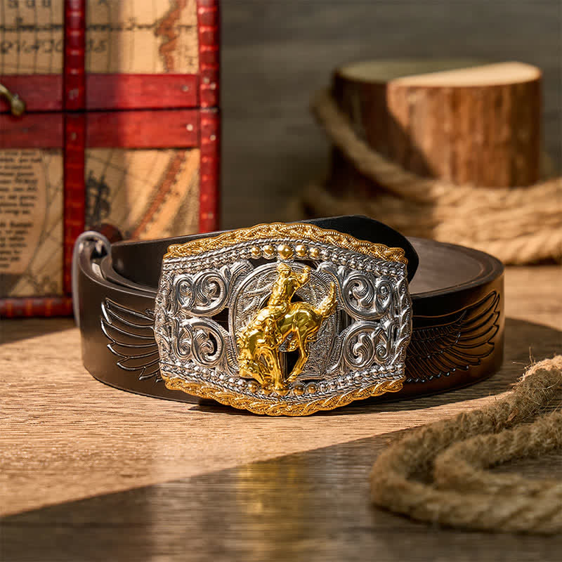 Two-Tone Western Bronco Rider & Wild Horse DIY Buckle Leather Belt - Bronco Rider - Black Embossed Eagle Belt - 42 - image 11