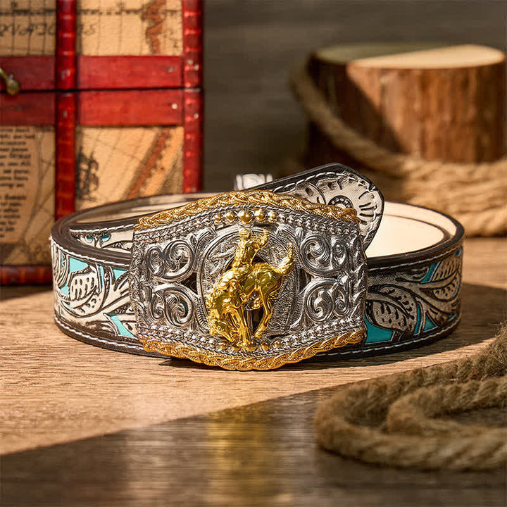 Two-Tone Western Bronco Rider & Wild Horse DIY Buckle Leather Belt - Bronco Rider - Gray Floral Belt - 42 - image 17