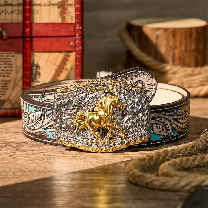 Two-Tone Western Bronco Rider & Wild Horse DIY Buckle Leather Belt - Wild Horse - Gray Floral Belt - 42 - image 8